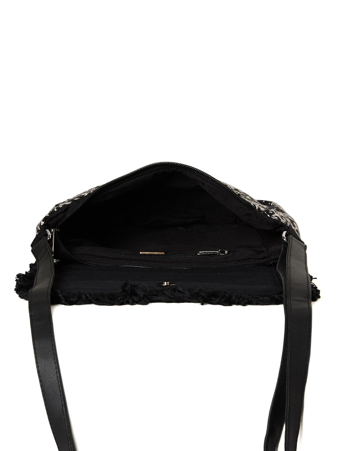 PRIMROSE Geometric Pattern Shoulder Bag with Fringe Detailing, Black and White