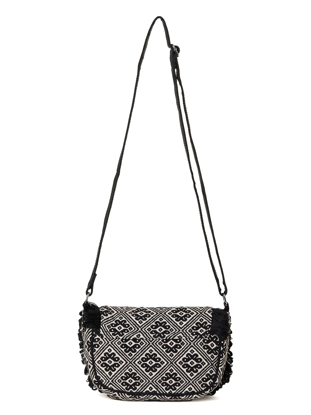 PRIMROSE Geometric Pattern Shoulder Bag with Fringe Detailing, Black and White