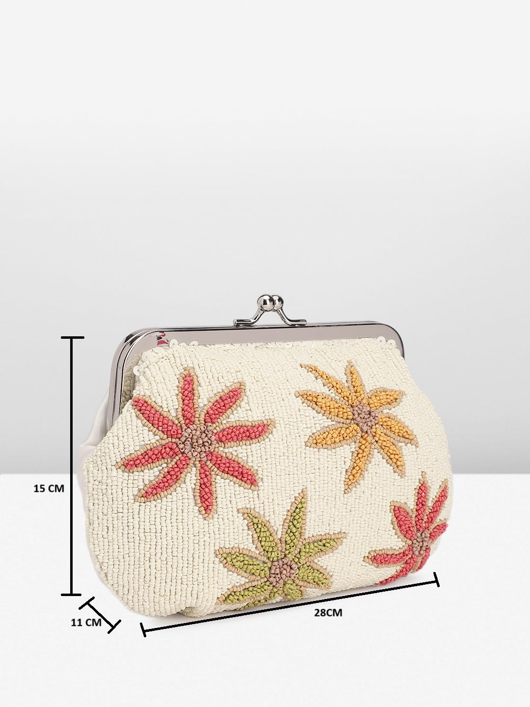 PRIMROSE Beaded Clutch Purse with Floral Embroidery, Cream