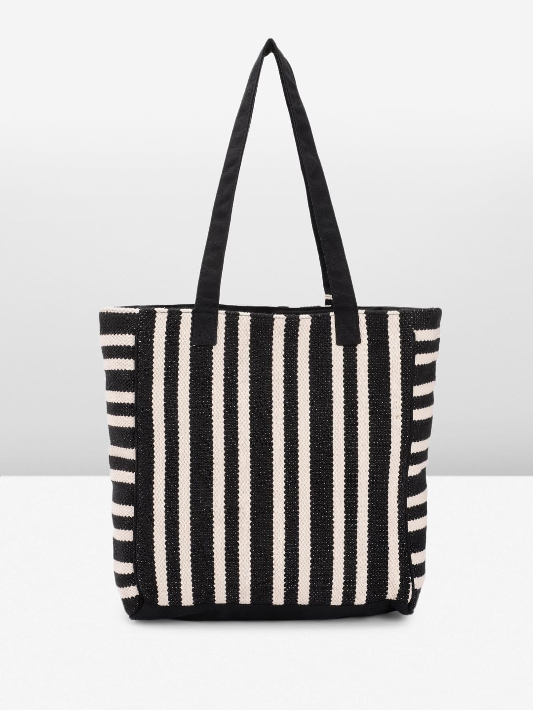 PRIMROSE Black and White Striped Canvas Tote Bag with Tassels