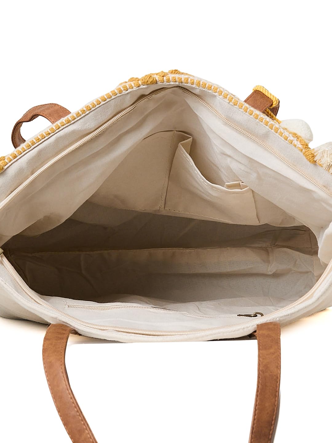 PRIMROSE Handcrafted Woven Tote Bag, Cream, Blue, Yellow, Tassel Accents
