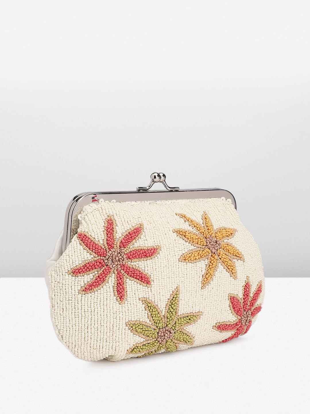 PRIMROSE Beaded Clutch Purse with Floral Embroidery, Cream