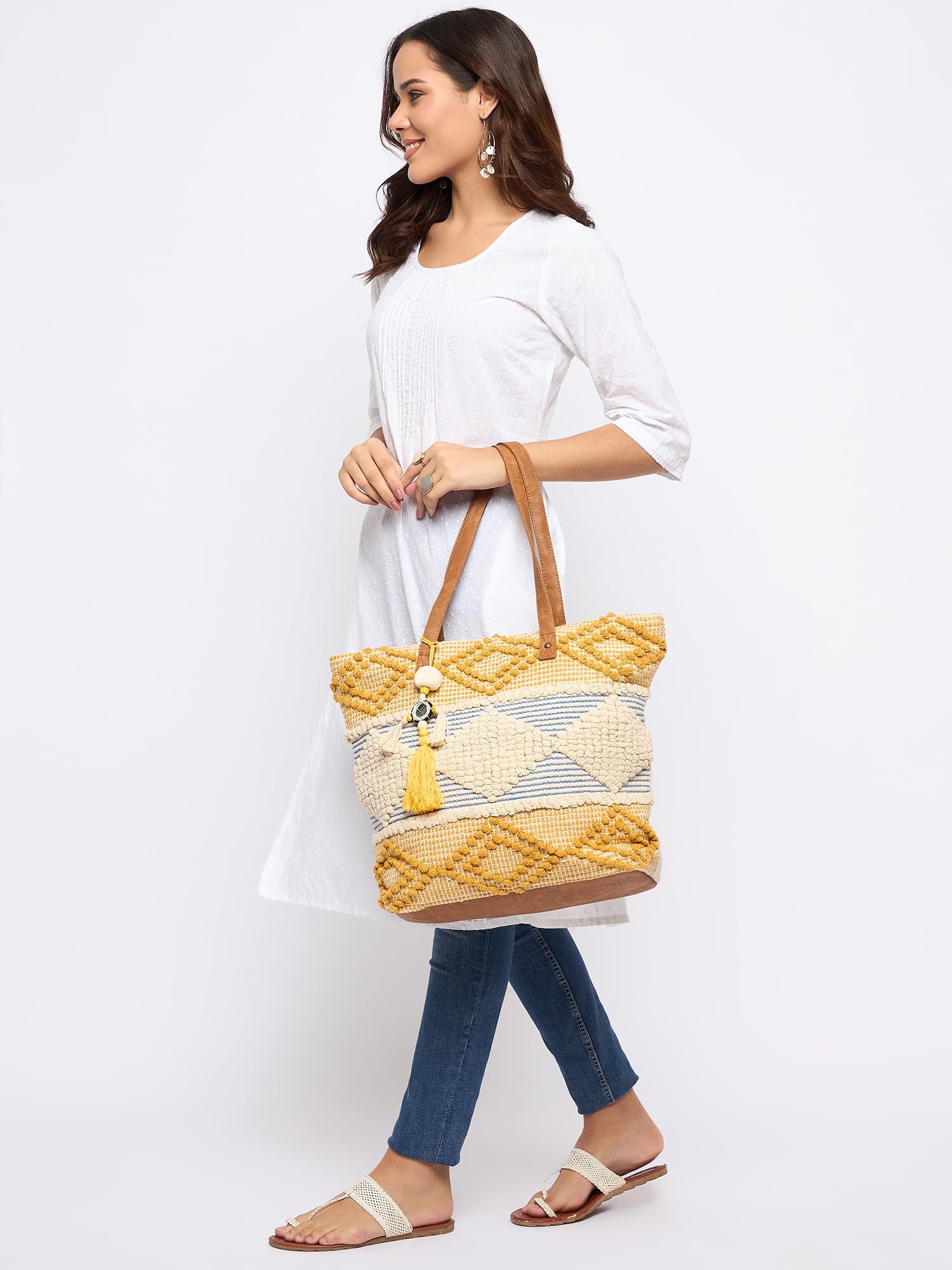 PRIMROSE Handcrafted Woven Tote Bag, Cream, Blue, Yellow, Tassel Accents