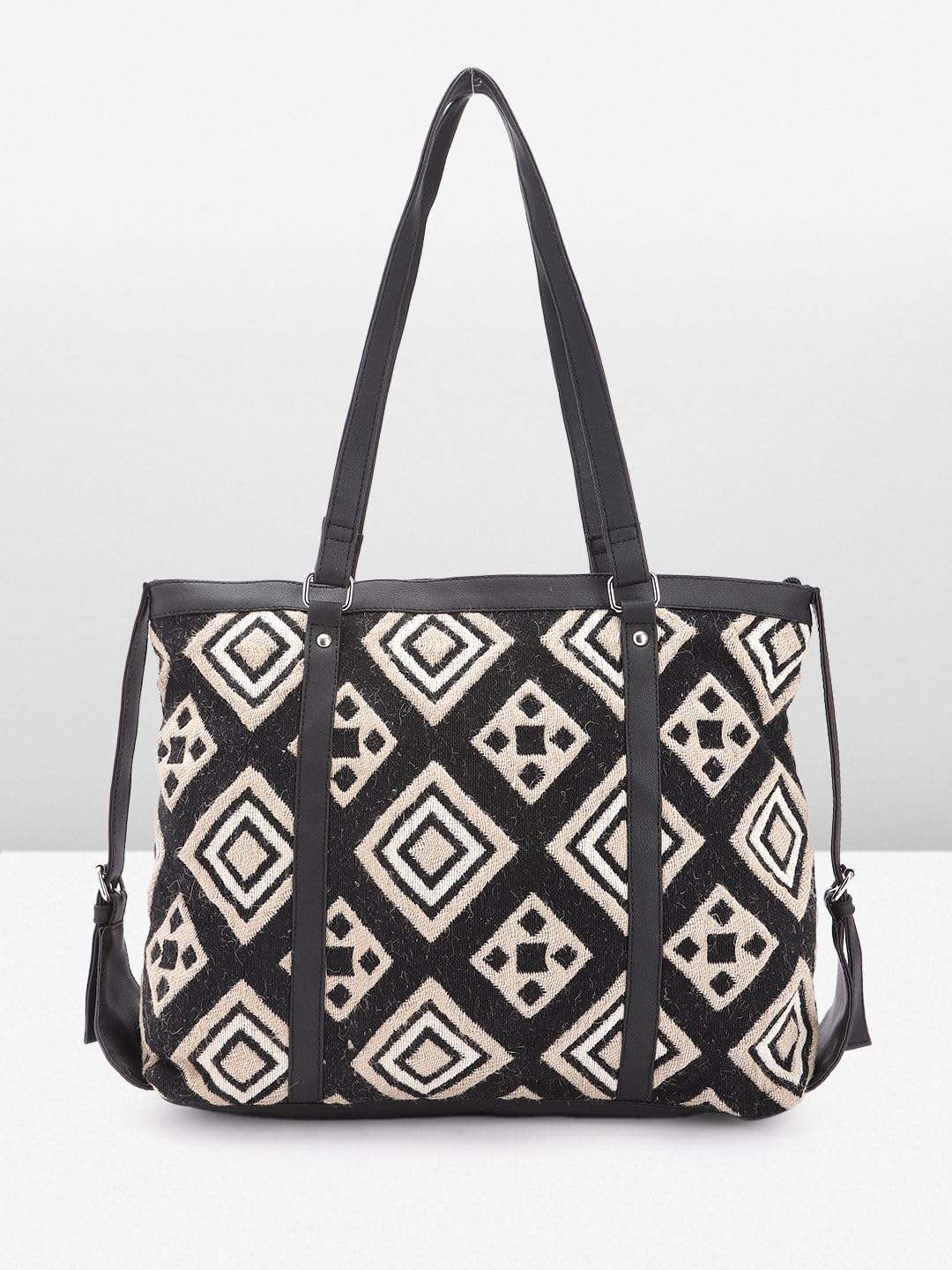 PRIMROSE Patterned Black and White Tote Bag Geometric Diamond Design