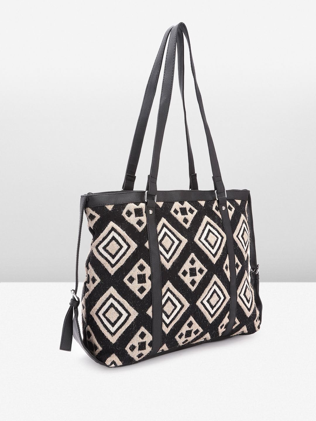 PRIMROSE Patterned Black and White Tote Bag Geometric Diamond Design