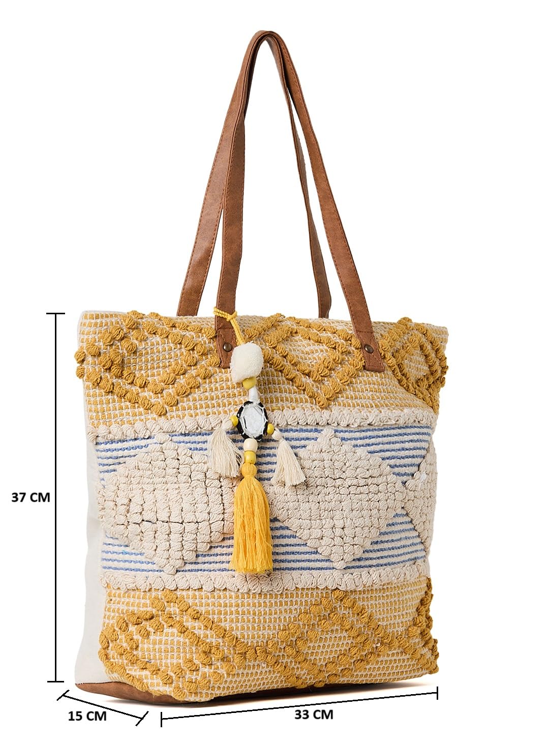 PRIMROSE Handcrafted Woven Tote Bag, Cream, Blue, Yellow, Tassel Accents