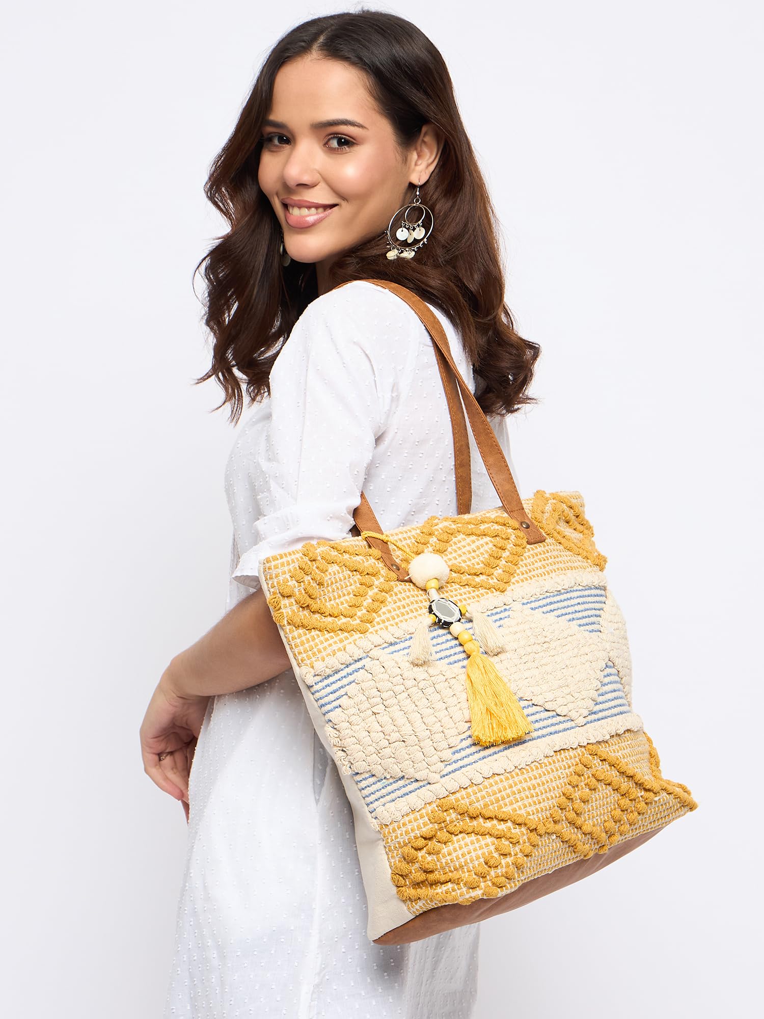 PRIMROSE Handcrafted Woven Tote Bag, Cream, Blue, Yellow, Tassel Accents