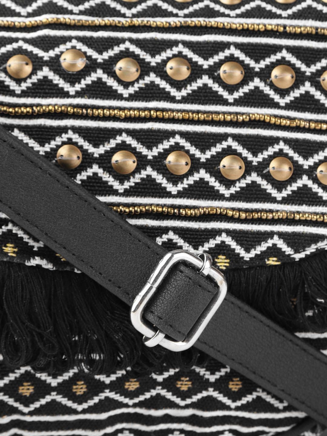 PRIMROSE Boho Chic Fringed Cross-Body Bag with Aztec Pattern Black and Beige