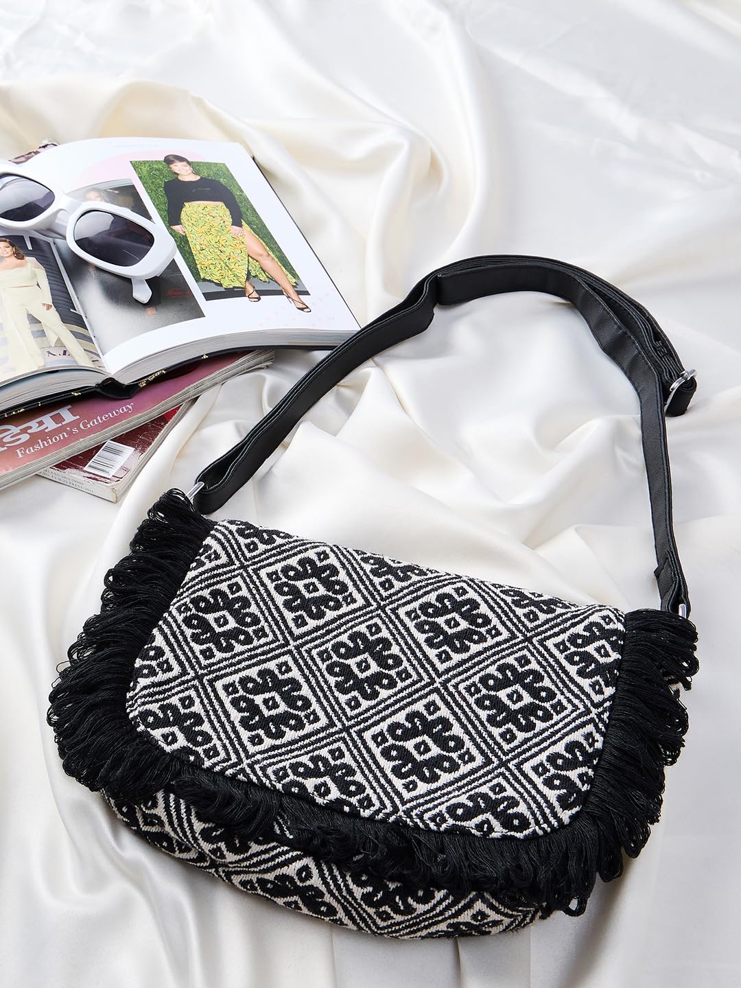 PRIMROSE Geometric Pattern Shoulder Bag with Fringe Detailing, Black and White