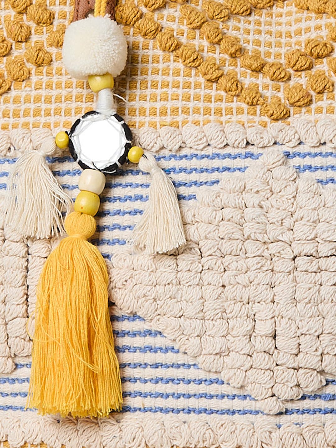 PRIMROSE Handcrafted Woven Tote Bag, Cream, Blue, Yellow, Tassel Accents