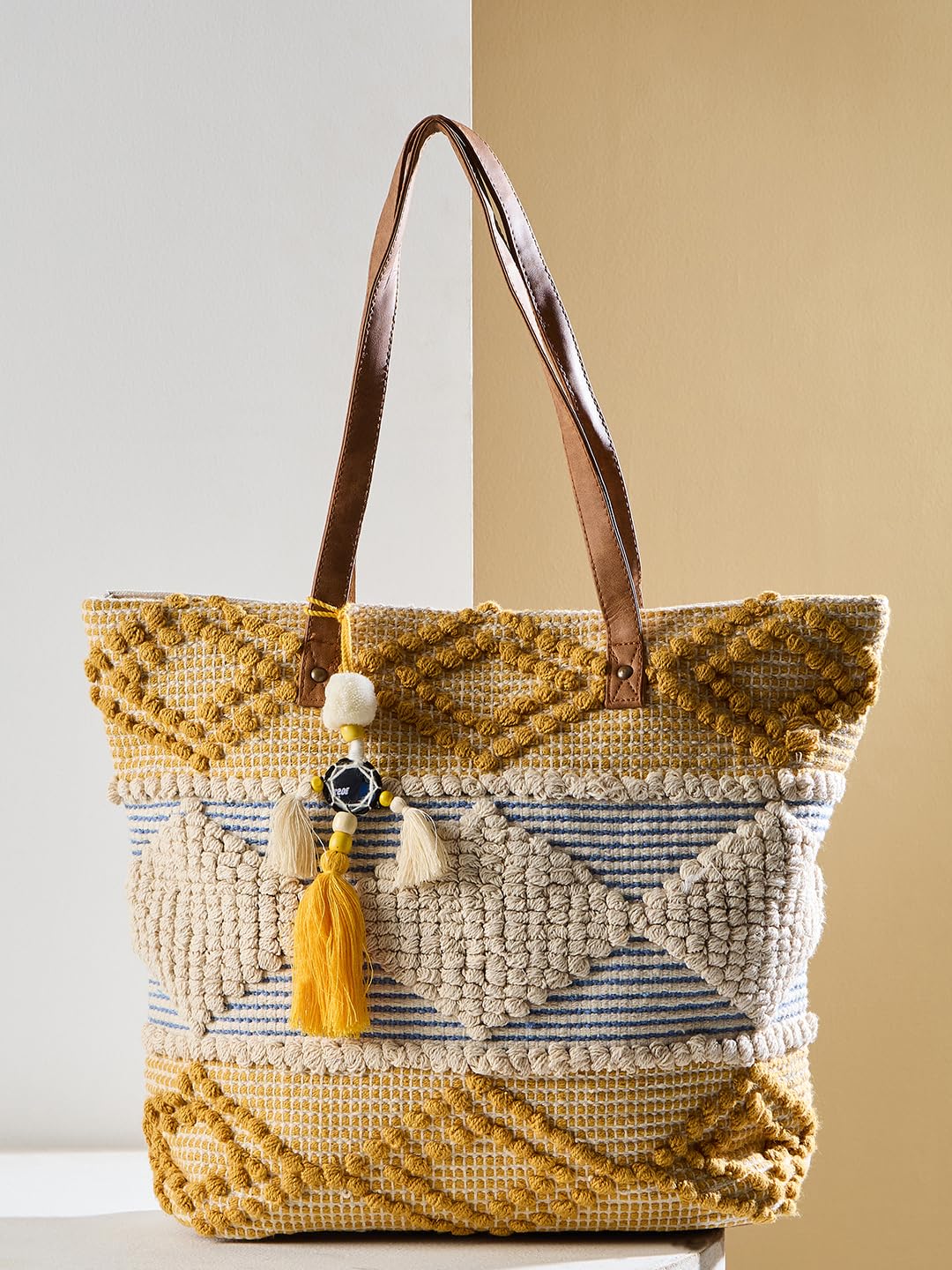 PRIMROSE Handcrafted Woven Tote Bag, Cream, Blue, Yellow, Tassel Accents