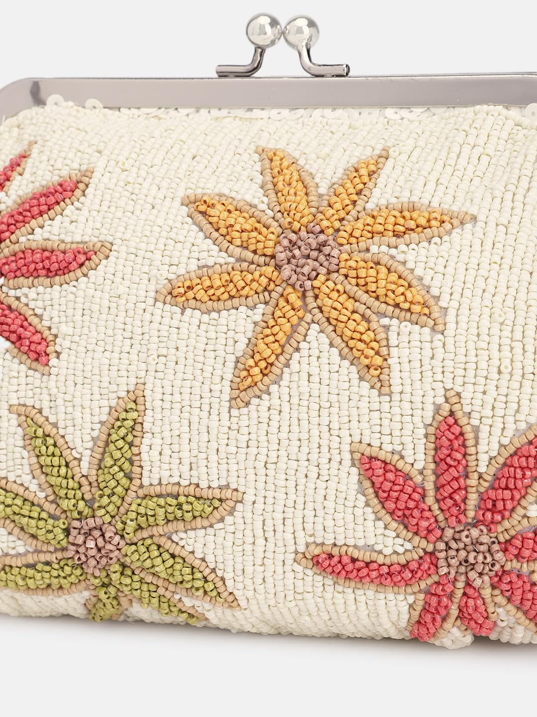 PRIMROSE Beaded Clutch Purse with Floral Embroidery, Cream