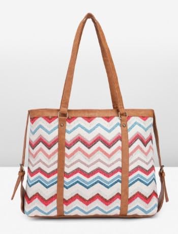 PRIMROSE Women's Chevron Pattern Canvas Tote Bag with PU Handles Multi-Colour