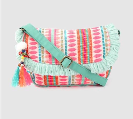 Boho Style Fringe Crossbody Bag with Tassels Multicolour Stripe Pattern