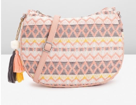 PRIMROSE Boho Shoulder Bag for Women Cotton Canvas Geometric Print Tassel Accent Peach