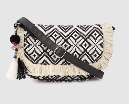 PRIMROSE Fringed Boho Crossbody Bag with Tassels Black and White Diamond Pattern