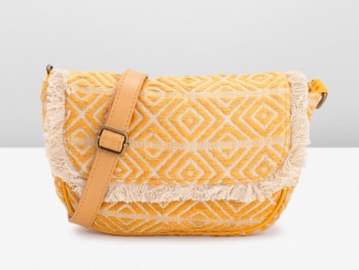 PRIMROSE Fringed Boho Shoulder Bag Yellow Diamond Pattern