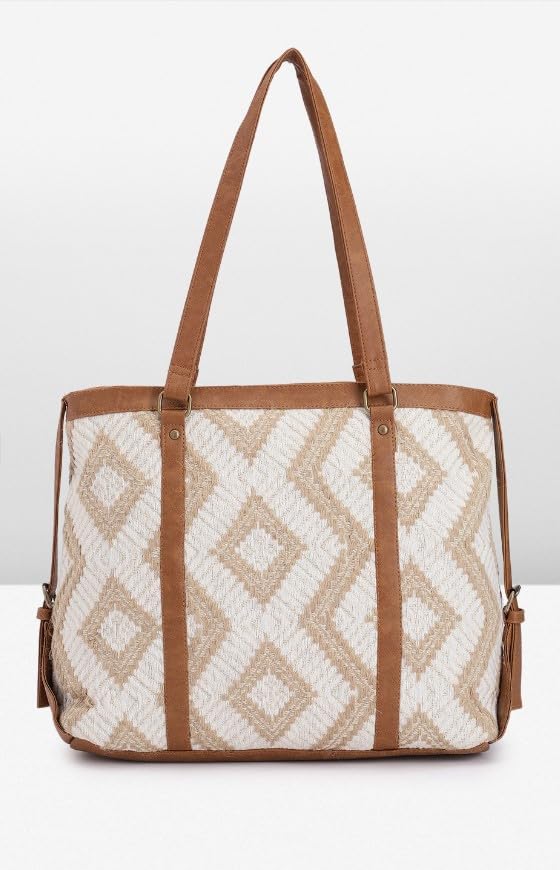 PRIMROSE Women's Tote Bag Diamond Pattern Beige and Brown