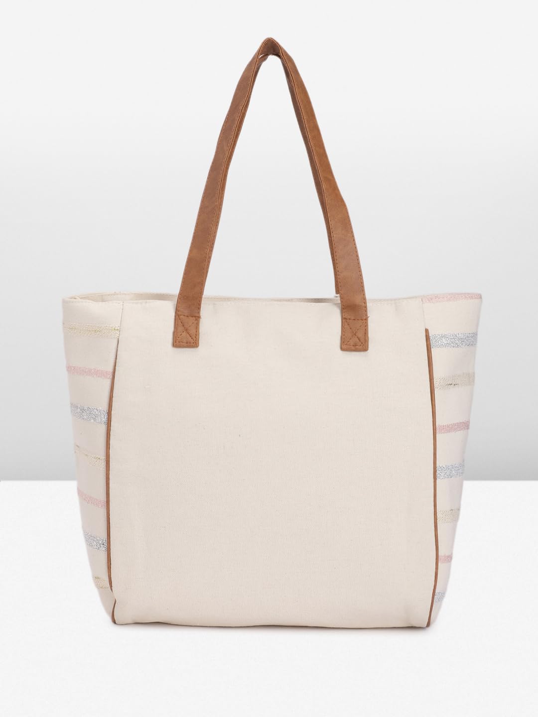 PRIMROSE Striped Canvas Tote Bag with Tassel Beige and Pink