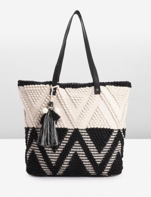 PRIMROSE Handcrafted Woven Tote Bag with Tassel Detail Black and Off-White