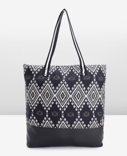 PRIMROSE Patterned Shoulder Tote Bag Black and White Diamond Print