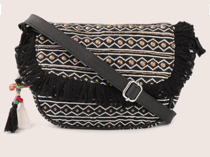 PRIMROSE Boho Chic Fringed Cross-Body Bag with Aztec Pattern Black and Beige