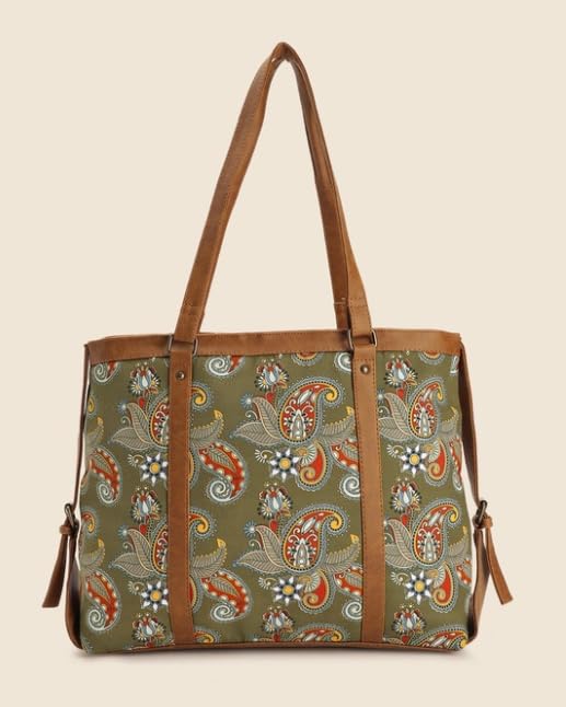 PRIMROSE Stylish Handbag with Ethnic Paisley Print 31 cm x 36 cm Green and Brown