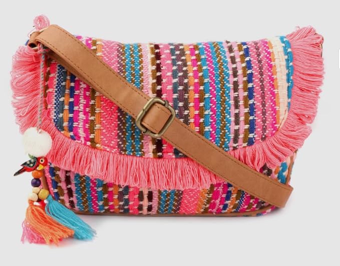 PRIMROSE Multicolour Woven Fringed Handbag with Adjustable Strap Crossbody Bag with Tassels