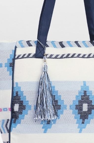 PRIMROSE Women's Blue and White Aztec Pattern Tote Bag with Tassel