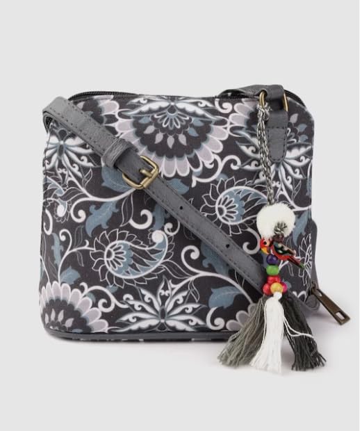 PRIMROSE Women Charcoal Grey & Blue Ethnic Motifs Print Sling Bag with Tasselled Detail