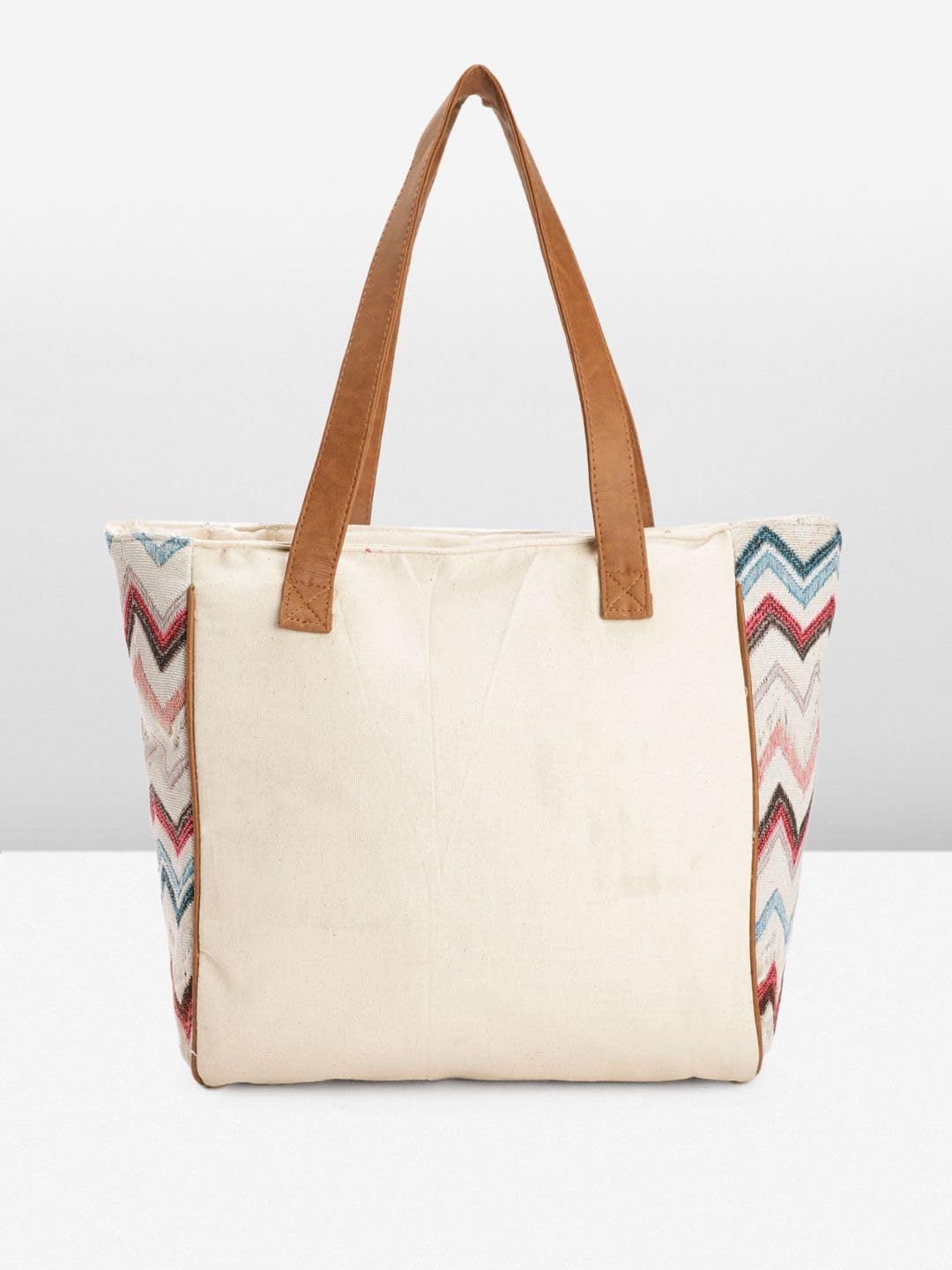 PRIMROSE Chevron Pattern Tote Bag with Tassels, Beige and Multi-Colour