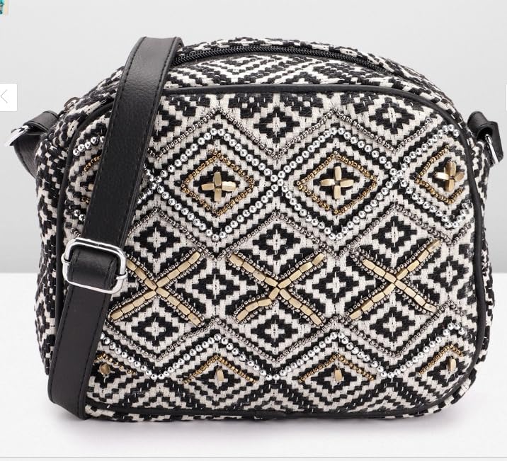 PRIMROSE Women Black & Off-White Woven Design & Embellished Sling Bag