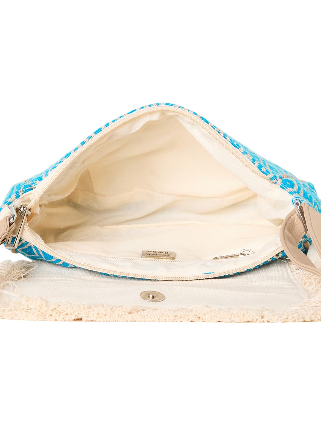 PRIMROSE Women's Tote Bag, Turquoise Blue Diamond Pattern, Fringed Trim, Tassel Accent