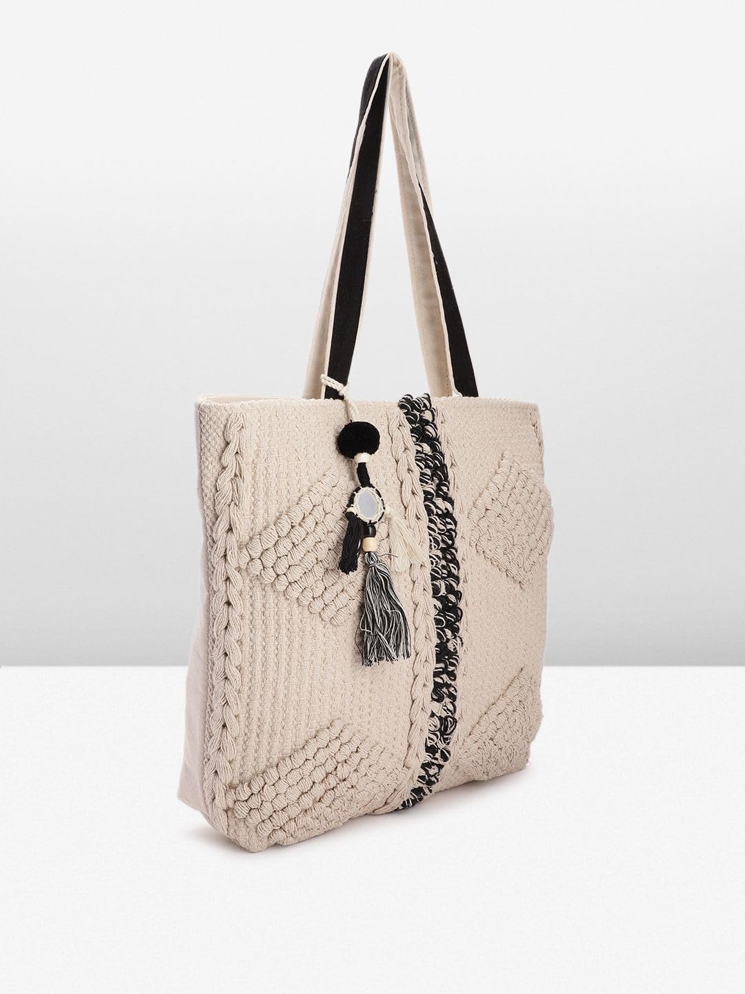 PRIMROSE Handcrafted Beige Cable Knit Tote Bag with Tassels and Scarf Accent