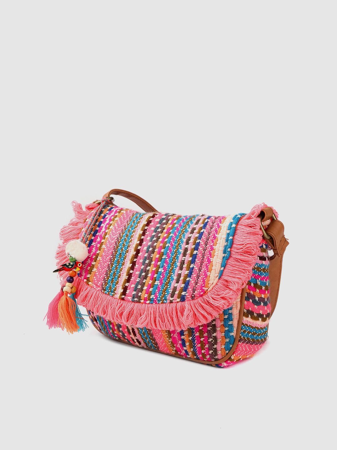 PRIMROSE Multicolour Woven Fringed Handbag with Adjustable Strap Crossbody Bag with Tassels