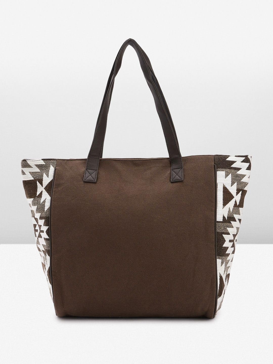 PRIMROSE Ethnic Kilim Tote Bag, Brown and White Geometric Print, Tassel Accent