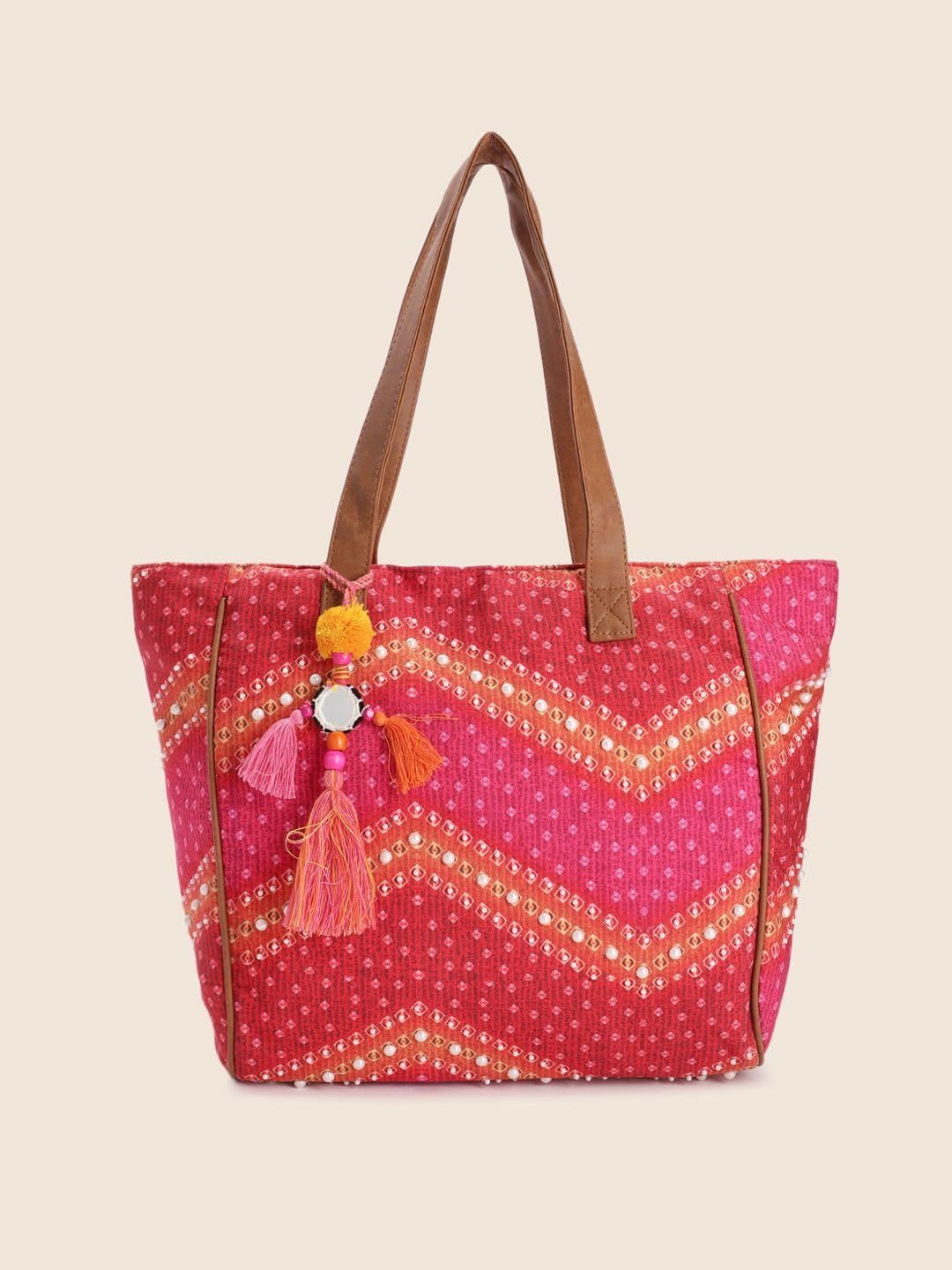 PRIMROSE Women's Red & Pink Tote Bag with Embellished Tassel Accents