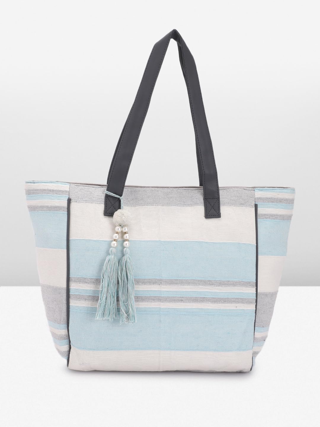 PRIMROSE Striped Canvas Tote Bag with Pearl Tassel Blue and Grey