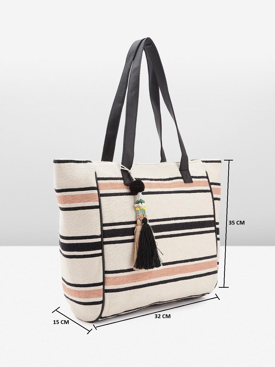 PRIMROSE Striped Canvas Tote Bag with Tassel Beige Black and Peach