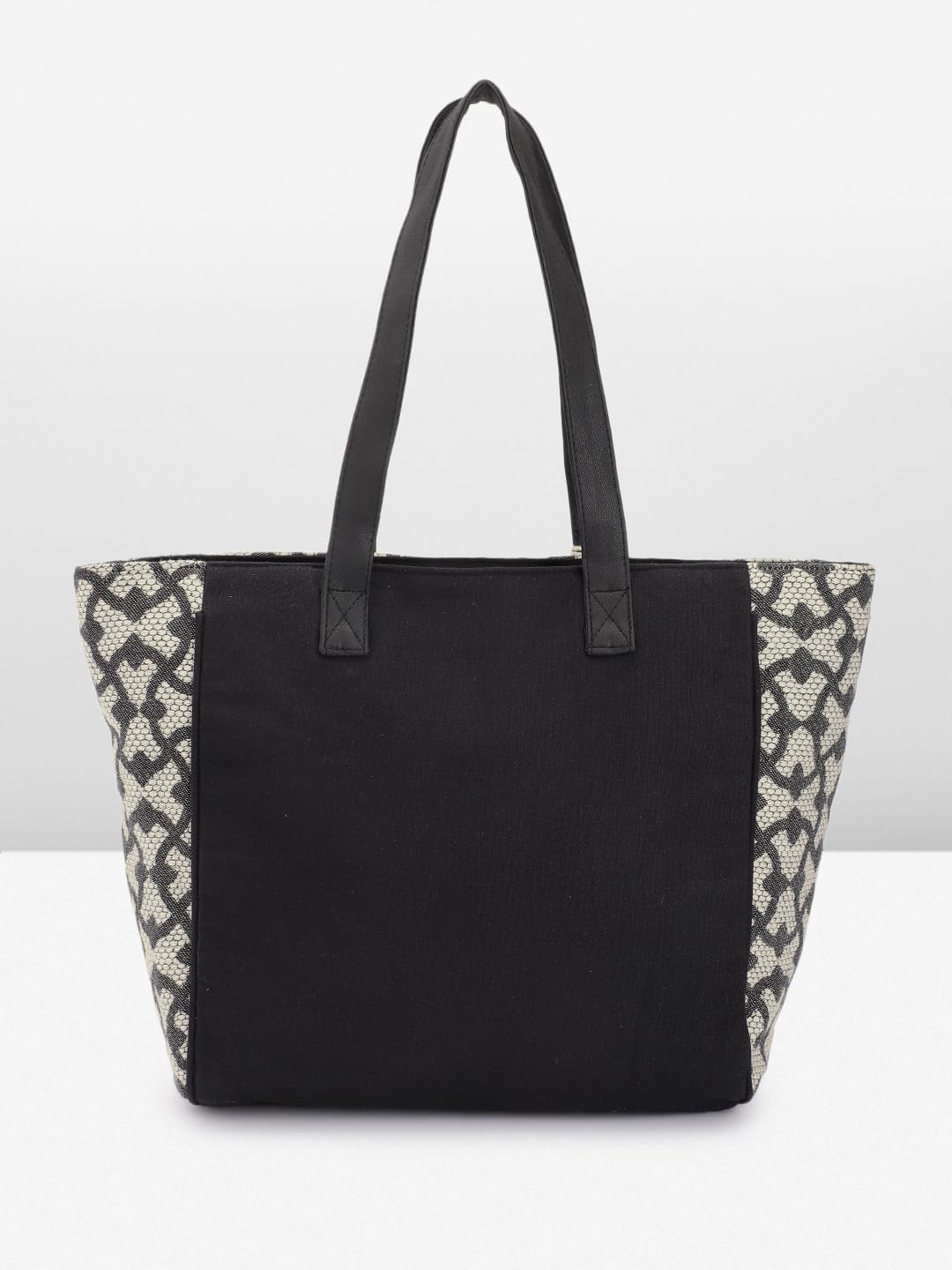 PRIMROSE Geometric Patterned Tote Bag with Tassels, Black and Beige