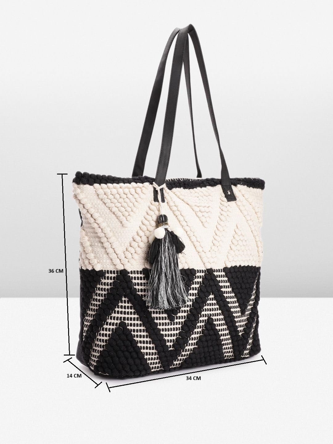 PRIMROSE Handcrafted Woven Tote Bag with Tassel Detail Black and Off-White