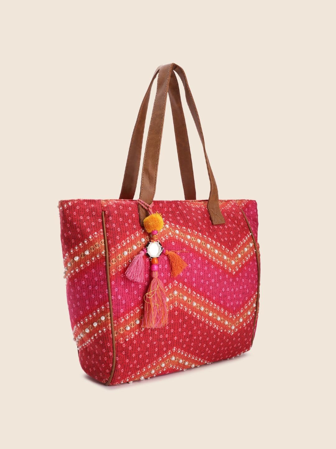 PRIMROSE Women's Red & Pink Tote Bag with Embellished Tassel Accents