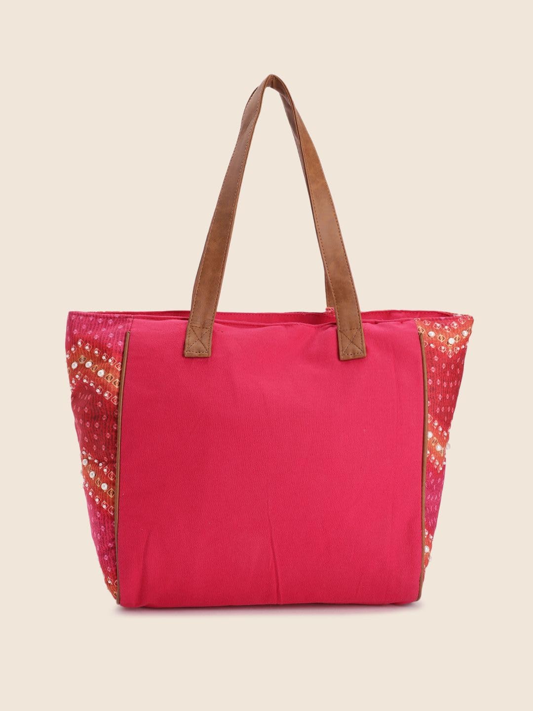 PRIMROSE Women's Red & Pink Tote Bag with Embellished Tassel Accents