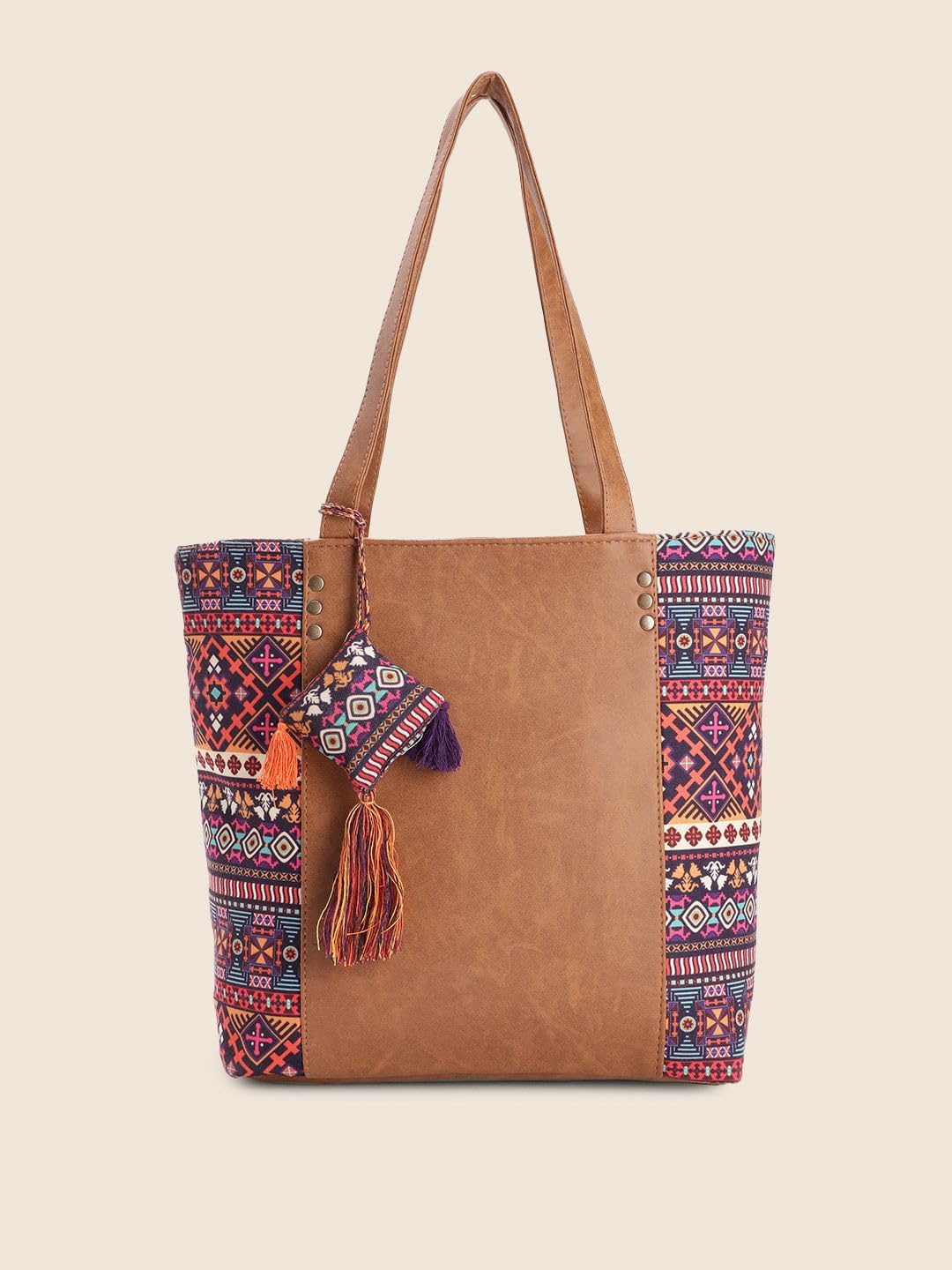 PRIMROSE Women's Tote Bag Tan Suede with Multicolour Aztec Pattern Tassel Detail