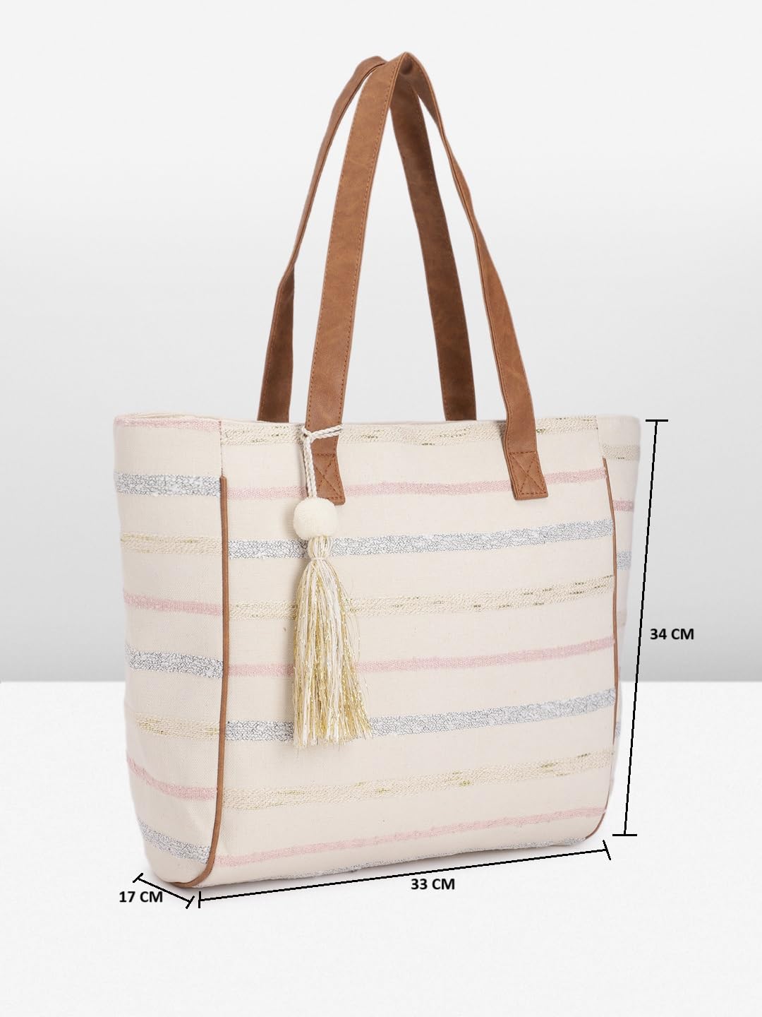 PRIMROSE Striped Canvas Tote Bag with Tassel Beige and Pink