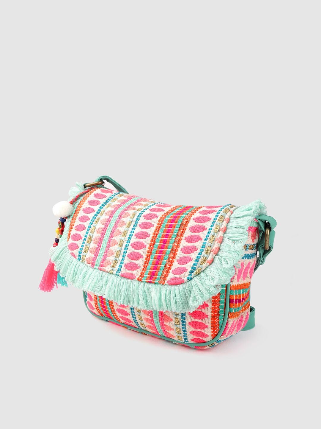 Boho Style Fringe Crossbody Bag with Tassels Multicolour Stripe Pattern