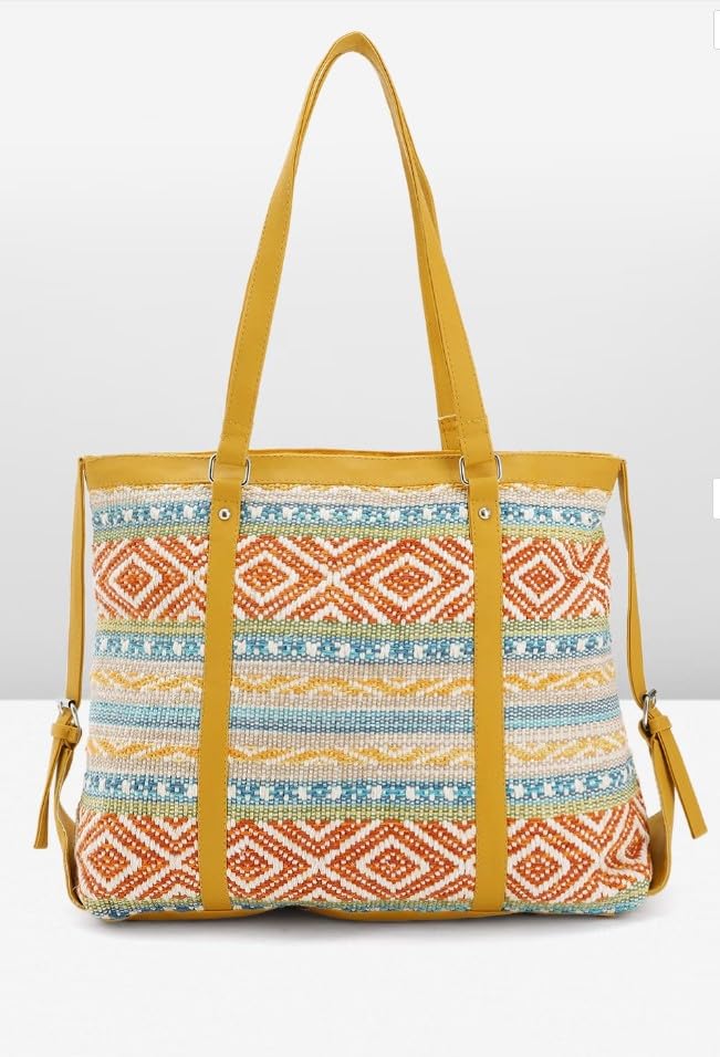 PRIMROSE Multicoloured Aztec Print Canvas Tote Bag with Yellow