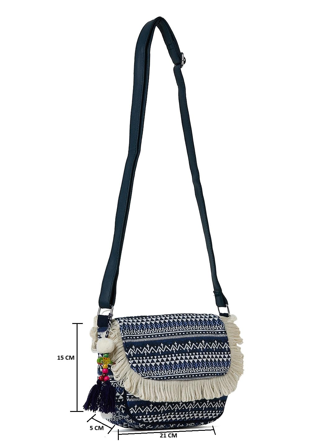 PRIMROSE Boho Fringe Crossbody Bag, Aztec Print, Navy Blue and White