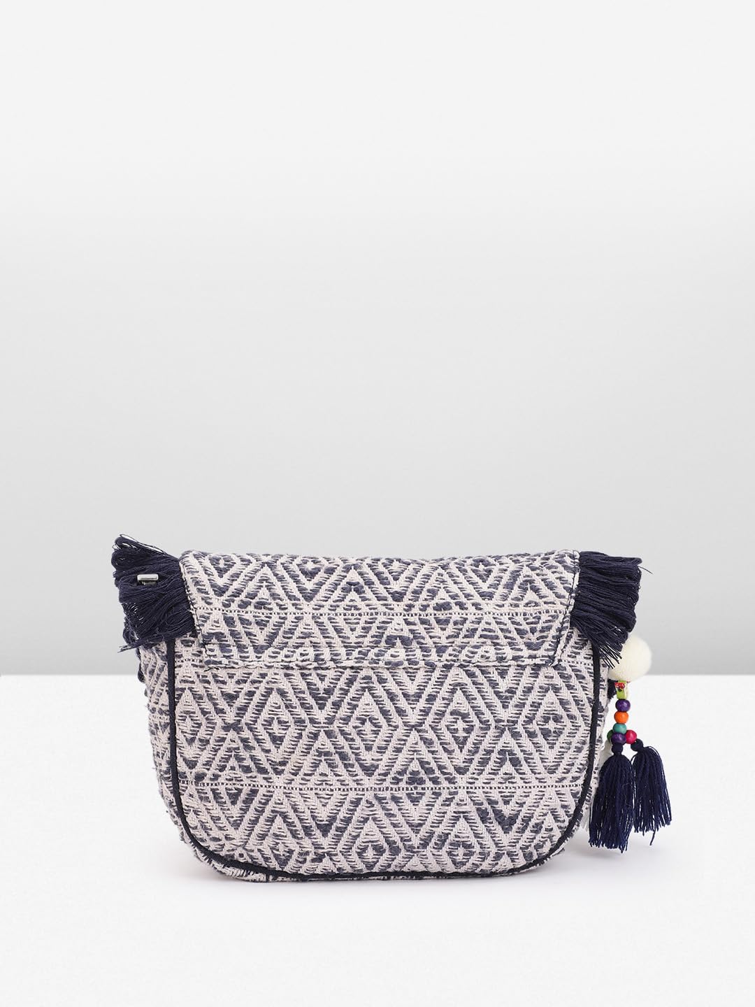 PRIMROSE Geometric Textured Half Moon Sling Bag with Fringed