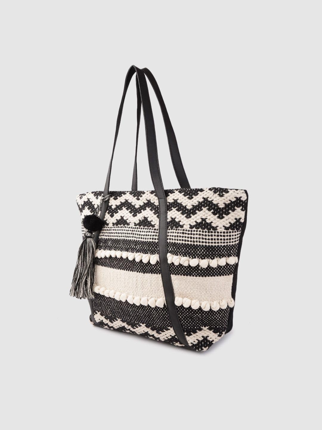 PRIMROSE Bohemian Style Tote Bag with Tassel Black and White Patterns